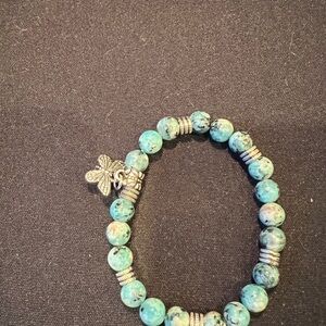 Vintage Blue Marbled Beaded Bracelet With Silver Butterfly Great Condition